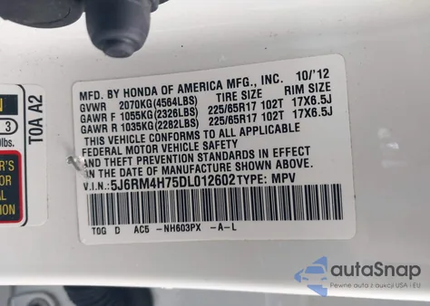 2013 Honda Cr-V Ex-L from USA, damaged, VIN 5J6RM4H75DL012602